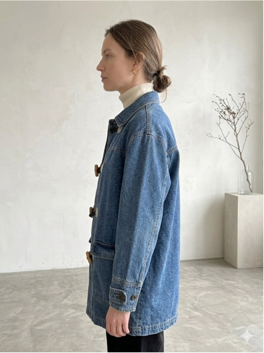 Liz Claiborne Denim Toggle Coat Jacket Plaid Lined Vintage 90s Boho Petite P - Picture 2 of 13